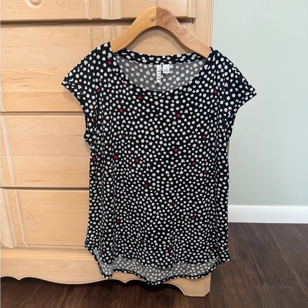 Elle Black and White Polka Dot & Heart Short Sleeve Top